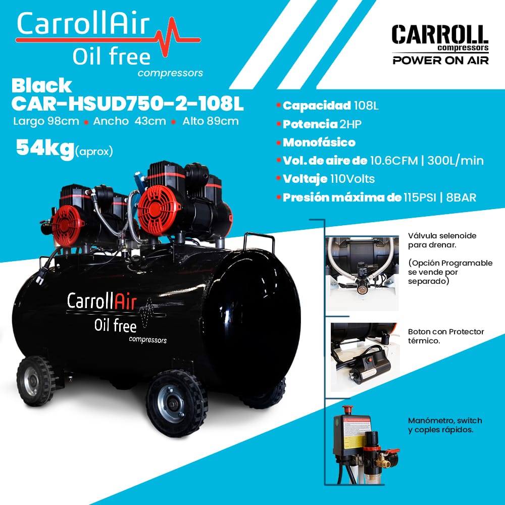 COMPRESOR CARROLL NEGRO 108L 2 CABE L/A